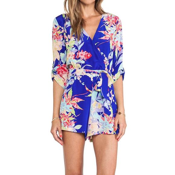 Yumi Kim Pants - Yumi Kim Silk Floral Wrap Romper Blue Tropical Print M